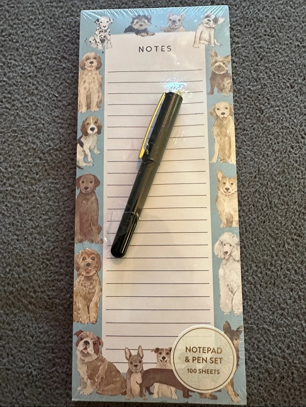 Dog Illustration Notepad & Pen Set - Blue Border